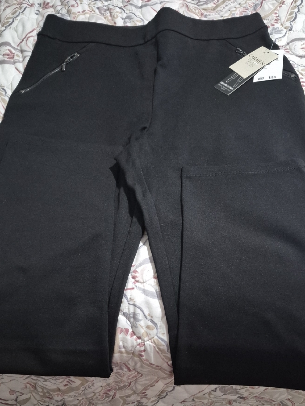 Carmen Marc Valvo Black Ponte Leggings with Silver Zip Detail